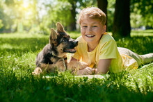 Cheerful Teenage Boy And German Shepherd Puppy Lying On Green Grass During Sunny Days. Happy Child With Little Dog Playing Together At Summer Park.
