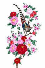 Blooming Peonies Branches And Chinese Pheasant In Vertical Canvas