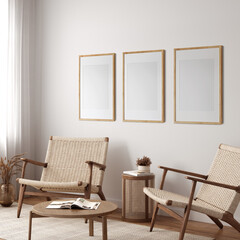 Friendly interior style. living room. Frame mockup. Poster mockup. 3d rendering, 3d illustration