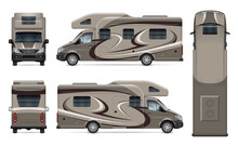 RV Motorhome Vector Mockup On White For Vehicle Branding, Corporate Identity. View From Side, Front, Back And Top. All Elements In The Groups On Separate Layers For Easy Editing And Recolor.