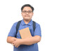 Obses boy student wearing a blue polo shirt wearing eyeglasses holding a notebook isolated