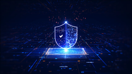 Fototapete - cyber security technology concept. Protecting digital information networks. There is a shield in the middle with a dark blue background.