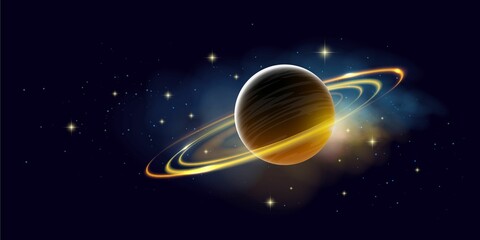 Wall Mural - vector beautiful space horizontal illustration of yellow planet