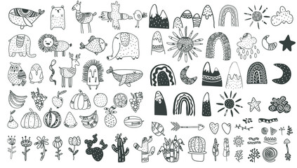 Scandinavian childrens elements. Scandi style doodle plants, animals,fruits, mountains, rainbow vector set.