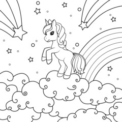 Wall Mural - A unicorn on a background of falling stars, clouds and a rainbow stands on a cloud. Coloring book page. Vector illustration on white background.