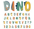 Dinosaur alphabet vector set with cute hand drawn letters and numbers in bright colors with texture dino effects. Comic fun kid typography design in flat cartoon style