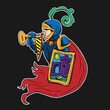A knight blows a trumpet on a black isolated background vector drawing.
