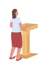 Wall Mural - Female speaker behind podium semi flat color vector character. Full body person on white. Speaking to audience isolated modern cartoon style illustration for graphic design and animation