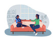 © The img - Teenager talk with mom 2D vector isolated illustration. Leisure at home. Daughter speaking with mother flat characters on cartoon background. Girl sit with parent on couch colourful scene