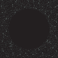 Wall Mural - vector dark zodiac constellations background with a round copy space. celestial frame with horoscope