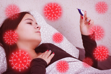 Wall Mural - covid microbe,sick girl is lying in bed with thermometer, surrounded by viruses