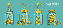 Coins Accumulate In Jar Savings Money Concept Vector Illustration.  Accumulate And Save Your Money Dollar In Jar