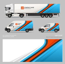 Vector Van, Truck Trailer Realistic Mockup With Wrap Decal For Livery Branding Identity Design. Abstract Graphic Of Red And Blue Stripes Wrap, Sticker And Decal Design For Transport