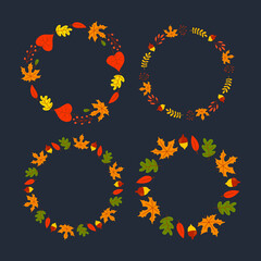 Sticker - Vector wreath of autumn leaves and fruit in watercolor style. Beautiful round wreath of yellow and red leaves, acorns, berries, cones and branches. Decor for invitations, greeting cards, posters.