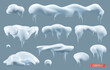 Snow 3d vector realistic set. Snowdrifts and icicles, winter decorations