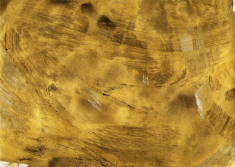 Glamour glistering gold texture. Abstract splattered paper background. Modern art with golden acrylic paint brush strokes and black scratches