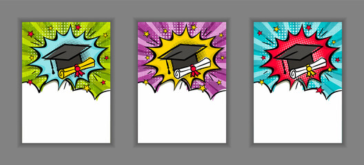 Bright pop art banner for Graduation with cap, scroll and stars. Cartoon text frame on a ray background. Comic educate Template for web design, banners, cards, coupons and posters. Vector illustration