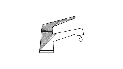 Sticker - Black line Water tap with a falling water drop icon isolated on white background. 4K Video motion graphic animation