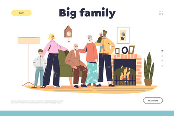 Poster - Big family gathering landing page with kids, parents and grandparents together at fireplace