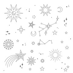 Wall Mural - Stars, moons and constellations. Linear design astrology elements. Seamless pattern of celestial space background.