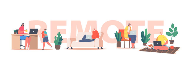 Wall Mural - Remote Work Concept. Freelancers Characters Working from Home on Computers. Remote Workplace, Homeworking Occupation