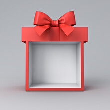 Blank Red Gift Box Exhibition Booth Stand Or Gift Display Showcase With Red Ribbon Bow Isolated On Grey Background Minimal Conceptual 3D Rendering