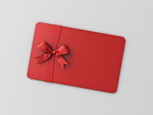 Blank Red Gift Card With Red Ribbon Bow Isolated On Grey Background With Shadow Minimal Conceptual 3D Rendering