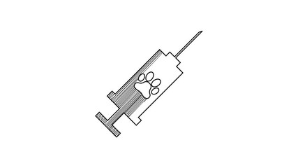 Poster - Black line Syringe with pet vaccine icon isolated on white background. Dog or cat paw print. 4K Video motion graphic animation