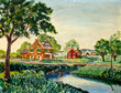 © VIS Fine Arts - Impressionist vintage oil painting depicting a village houses and a stream.