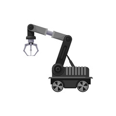 Leinwandbilder - Machinery manufacture robot arm with claw on wheels isolated factory automation. Vector factory logistics technology, automation rendering robotic arm with loading element. Automated mechanic hand