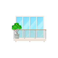 Sticker - Balcony window, house building facade with fence railing or banister, vector architecture. Modern apartments terrace, hotel or mansion villa balcony with glass porch doors and flowers plants