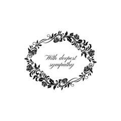 Wall Mural - Funeral lettering with deepest sympathy isolated round frame. Vector memorial text on tombstone mockup. Vintage funerary condolence memory inscription, branches, flowers and leaves, floral ornament