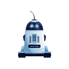 Poster - Robot cleaner or helper, on two wheels without hands isolated bionic machine of metal, plastic. Vector vacuum cleaner cleaning machine, electronic cyber android toy on remote control, antenna and eyes