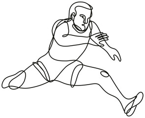 Canvas Print - Continuous line drawing illustration of a track and field athlete jumping hurdle done in mono line or doodle style in black and white on isolated background. 