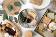 © New Africa - Cardboard boxes with eco friendly personal care products on white background, top view