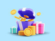 3d render of open gift box suprise, earn point concept, loyalty program and get rewards, isolated on blue background