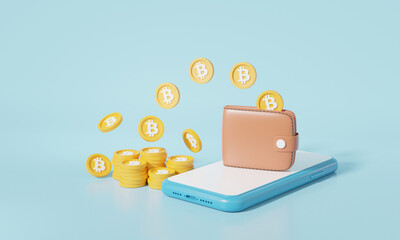 Sticker - Cryptocurrency trading or bitcoin on smartphone and electronic wallet information investment. education trading concept. banner, on blue background 3d illustration, render