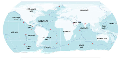 Sticker - World Map Showing Tectonic Plates Boundaries