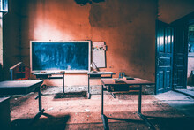 Vintage Old Destroyed Classroom Inside Abandoned School With Chalk Board
