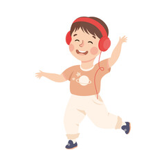 Sticker - Energetic Boy with Headphones Dancing Moving to Music Rythm Vector Illustration