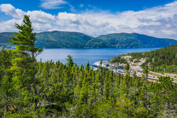Poster - View on the Saguenay Fjord and Baie Sainte Catherine ferry boat from the top of Anse a l'Eau hill, in Tadoussa, Quebec (Canada)