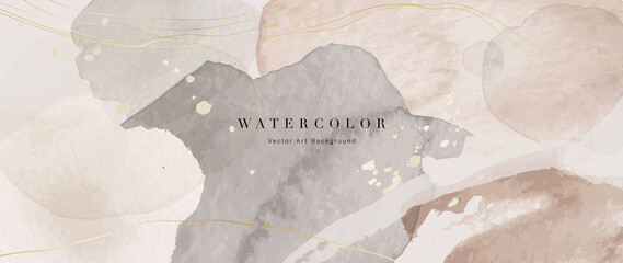 Watercolor art background vector. Wallpaper design with paint brush and gold line art. Earth tone blue, pink, ivory, beige watercolor Illustration for prints, wall art, cover and invitation cards.