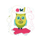 Fototapeta Pokój dzieciecy - Print with cute owl in flat style. Vector illustration in Scandinavian style. Concept for children, baby print.