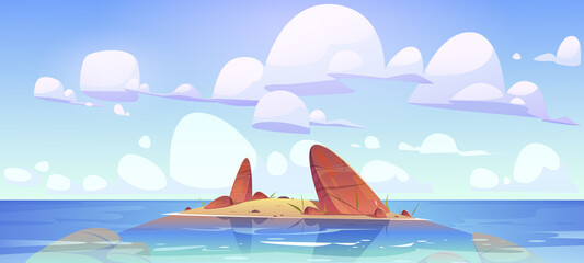 Wall Mural - Ocean shallow nature landscape rocky land in clean sea water under fluffy clouds in sky. Rock island morning or day time tranquil seascape view, scenery marine background, Cartoon vector illustration