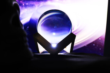 Magic ball predictions. mysterious composition. Fortune teller, mind power, prediction concept. Space inside.