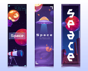 Wall Mural - space bookmarks with alien planets, spaceship and telescope on cosmos background. vector vertical ba