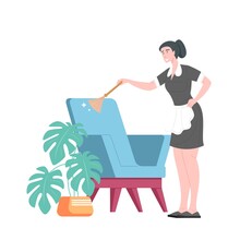 Maid Dusting Armchair With Brush, Service Professional Women Cleaner In Uniform. Professional Housework Vector Illustration.