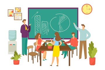 Wall Mural - Business teamwork meeting, vector illustration. Man woman character, manager team in flat office work for professional company. Project strategy