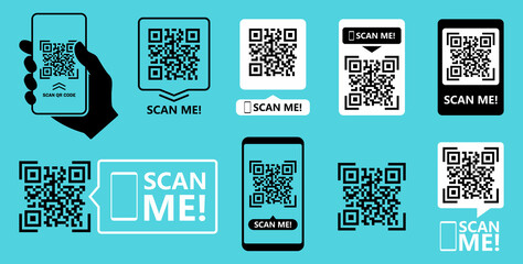QR code scan for smartphone. Qr code frame vector set. Template scan me Qr code for smartphone. QR code for mobile app, payment and phone. Scan me phone tag. Vector illustration.