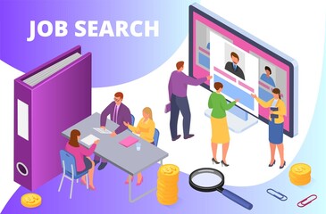 Wall Mural - Search job, isometric vector illustration. Employment work, man woman character look at online candidate resume at computer screen.